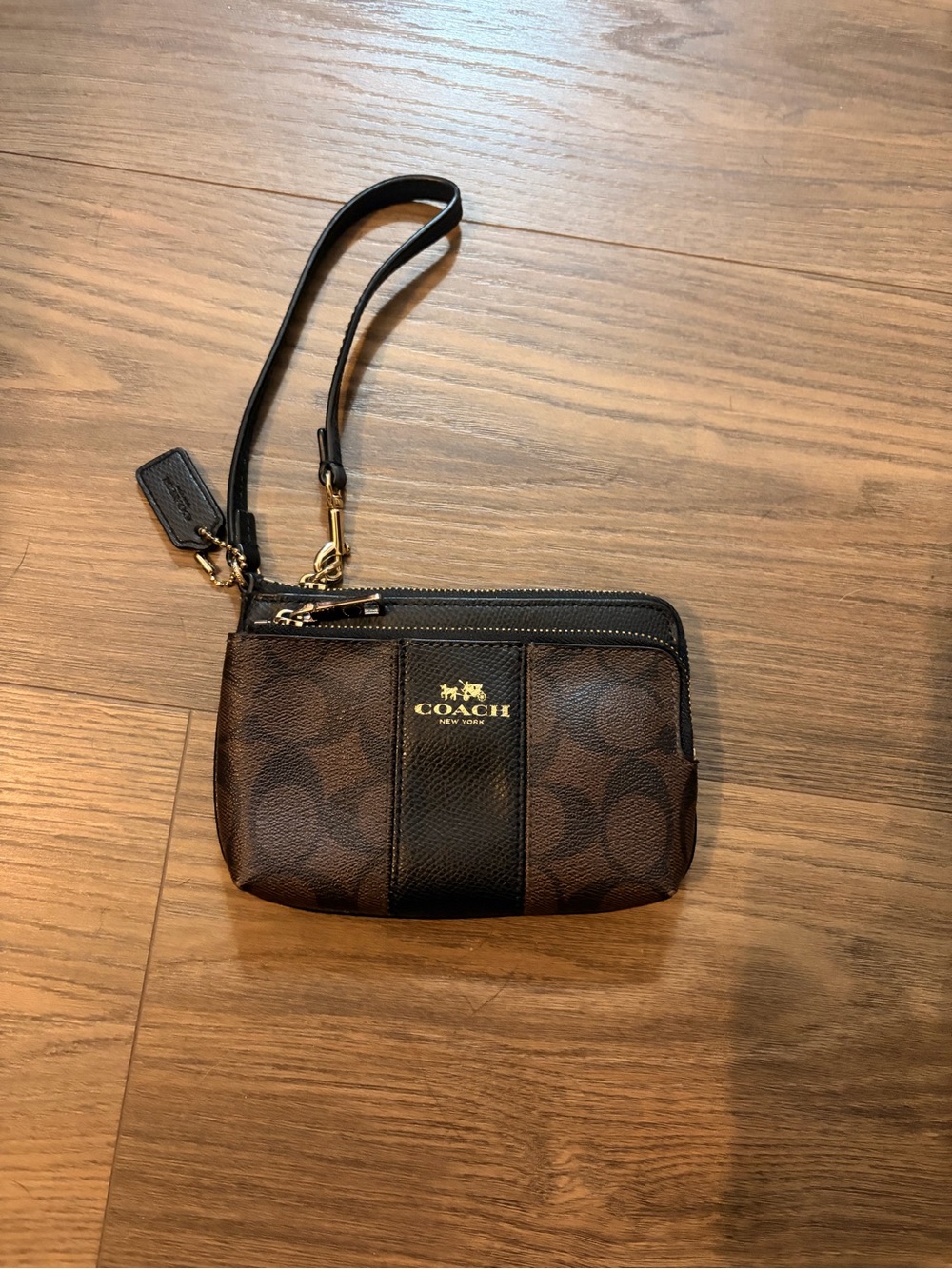 Coach Brown Signature Wristlet with Gold Logo